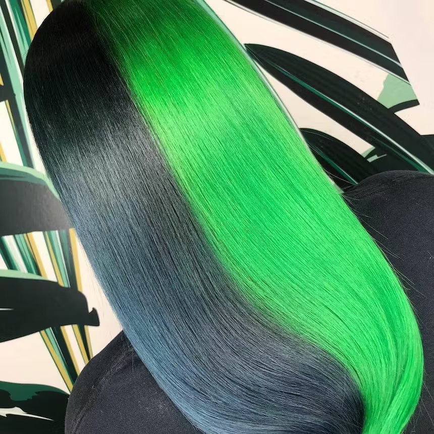 user generated image of back of woman's long black and green colour block straight hair 
