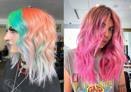 side by side image of two woman with bright multi colour hair